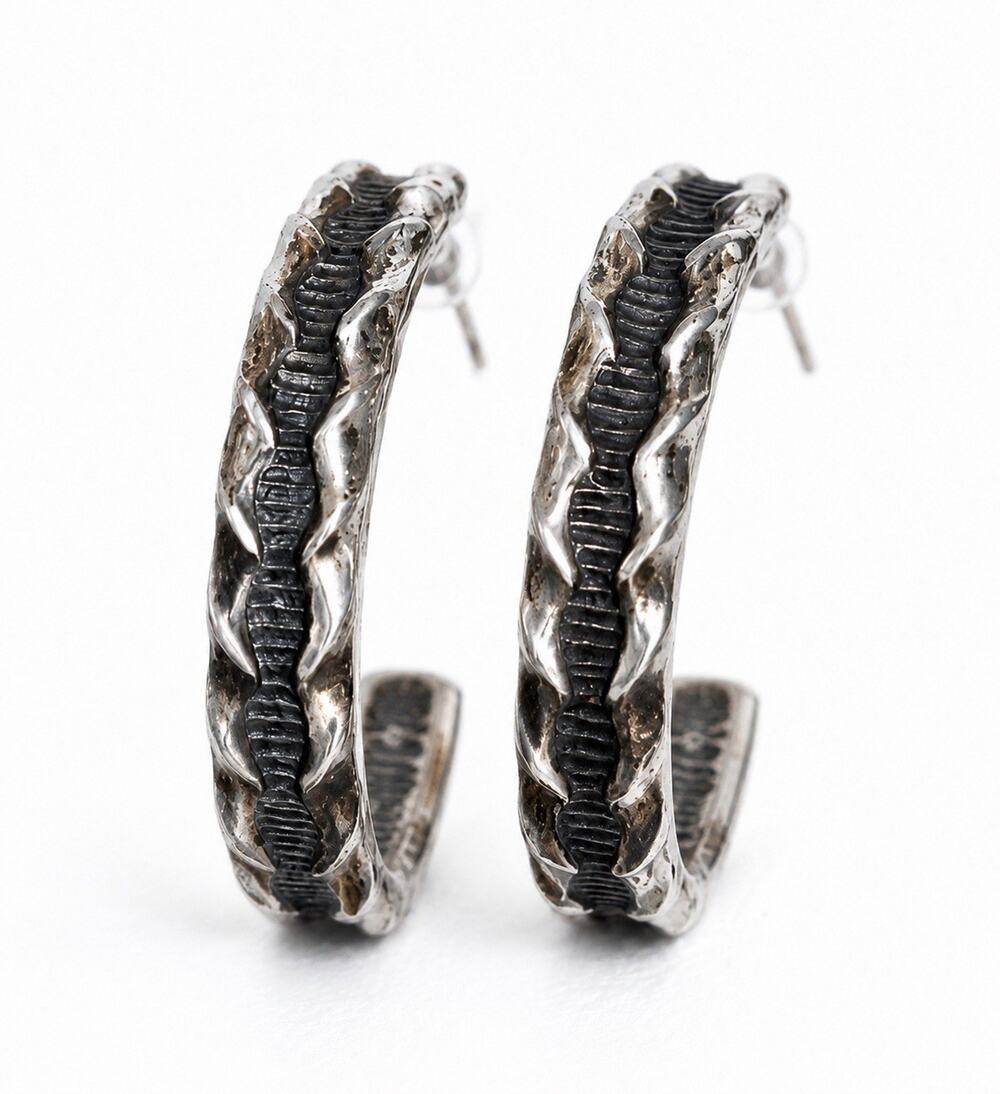 Vintage Navajo Sterling Silver Half Hoop Post Earring Hand Stamped Southwestern